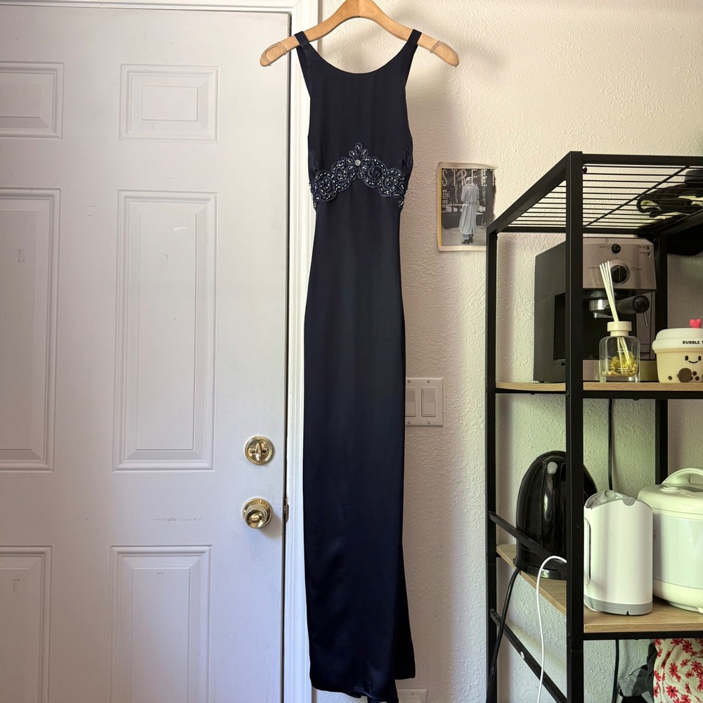JESSICA MCCLINTOCK gunne sax navy beaded vintage satin midi gown dress